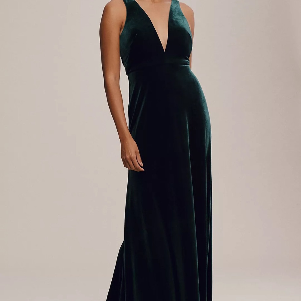 Jenny Yoo Logan Emerald Green Deep-V Velvet Column Gown